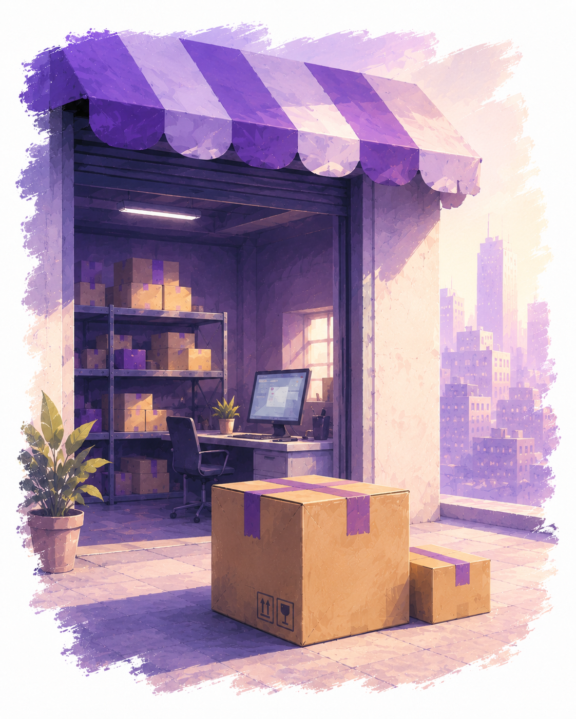 Watercolour illustration of a small storefront unit with a striped awning, a packing desk inside and two shipping boxes out front