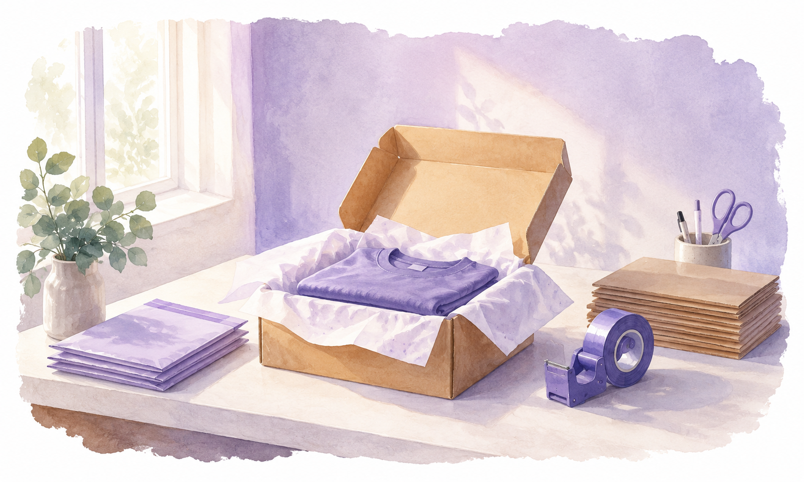 Watercolour illustration of a packing desk with an open kraft box holding a folded garment on tissue paper, alongside mailers, a tape dispenser and scissors